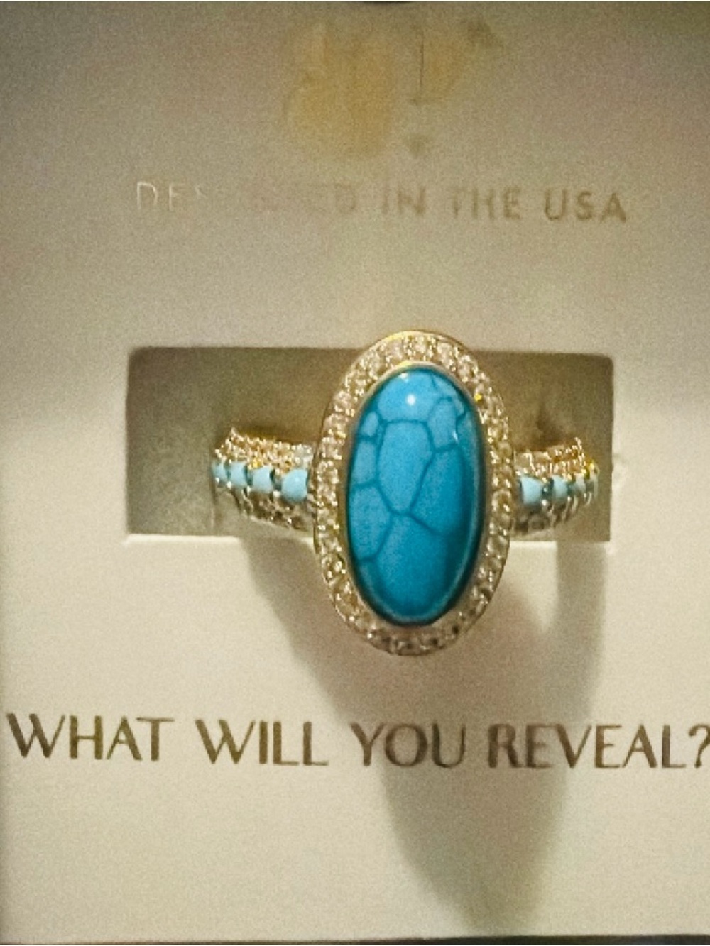 BP Bright Turquoise Oval Stone Ring with Gold Tone Accents Beautiful Size 9